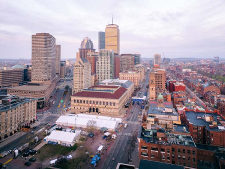 BOSTON SKYLINE DURING BOSTON MARATHON 2023 Sale