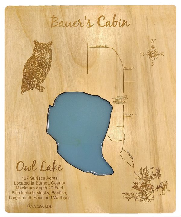 Owl Lake, Wisconsin - laser cut wood map Sale